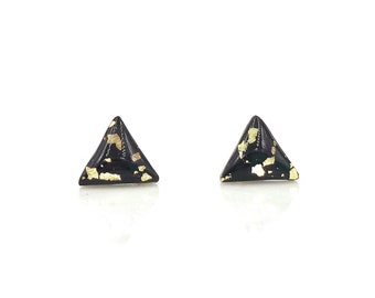 Black and Gold Triangle Stud Earrings / Minimalist Jewelry / Dainty / Geometric Earrings / New Orleans / Gold Leaf / Polymer Clay Jewelry