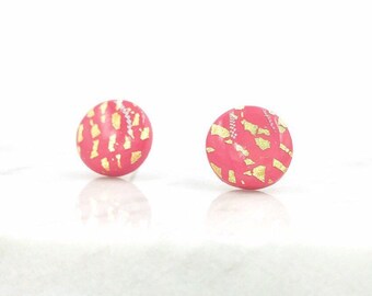 Pink + Gold Leaf Circle Stud Earrings / Geometric Jewelry / Minimalist Jewelry / Geometric Earrings / Polymer Clay / Elemental Jewelry