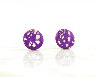 Purple and Gold Circle Stud Earrings / Minimalist Jewelry / LSU Inspired / Tailgate Jewelry / Geometric Earrings / Gold Leaf / Polymer Clay