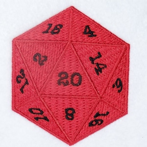 May include: A red twenty-sided die with black numbers. The numbers on the die are 4, 18, 14, 19, 17, 10, 8, 16, 20, 12, and 2.