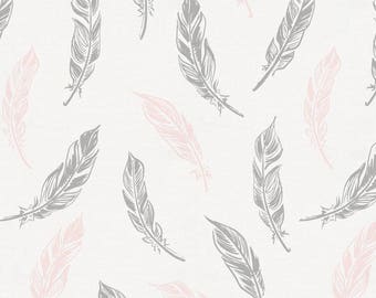 Blush Pink And Silver Gray Hand Drawn Feathers Organic Fabric