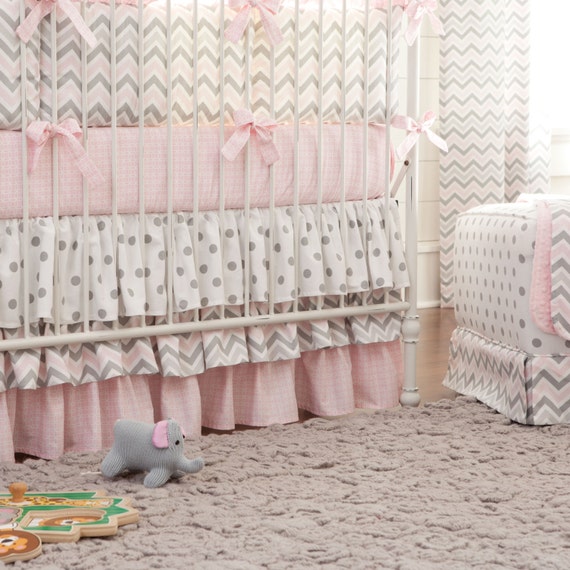 Baby Girl Crib Bedding Pink And Gray Chevron Crib Skirt Etsy