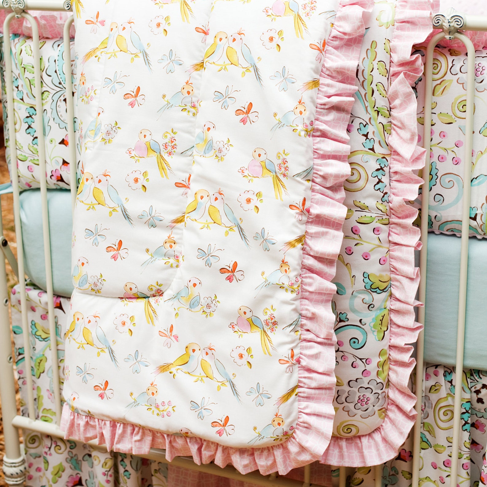 Girl Baby Crib Bedding Love Birds 4Piece Crib Bedding Set Etsy