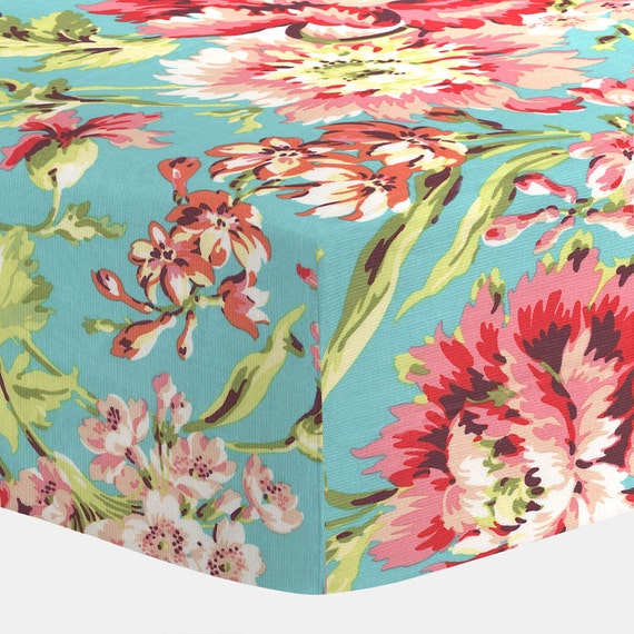coral and teal floral crib bedding