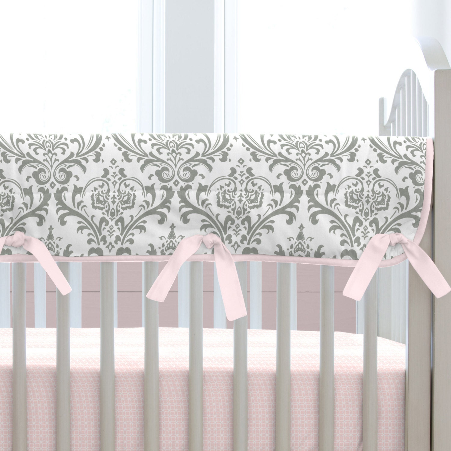 Gray & Pink Damask Crib Rail Bedding set. Etsy