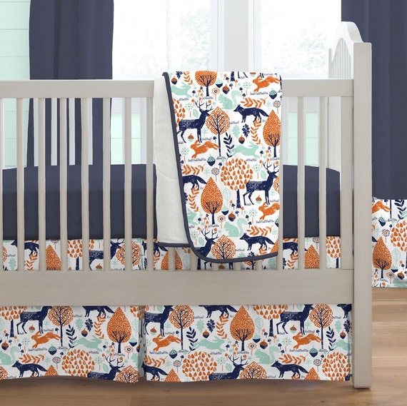 navy and orange crib bedding