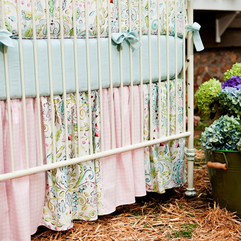 Girl Baby Crib Bedding Love Birds Gathered Patchwork Skirt 14 Or 20 By Carousel Designs