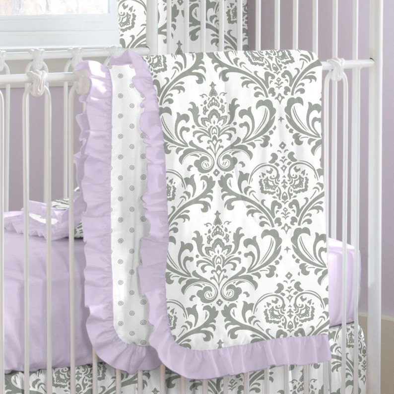 Girl Baby Crib Bedding Lilac and Gray Traditions Damask Etsy