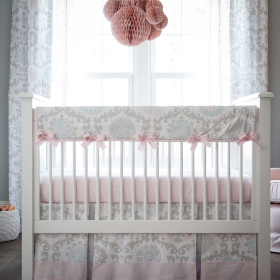 grey and pink crib bedding