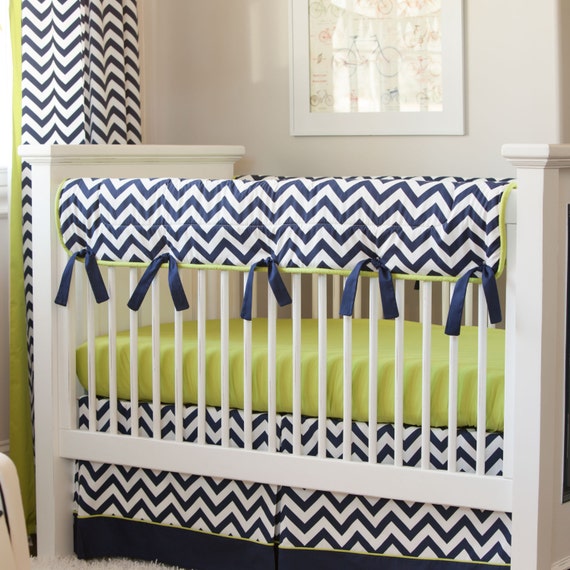 Baby Boy Crib Bedding Navy and Citron Zig Zag Crib Rail Cover Etsy