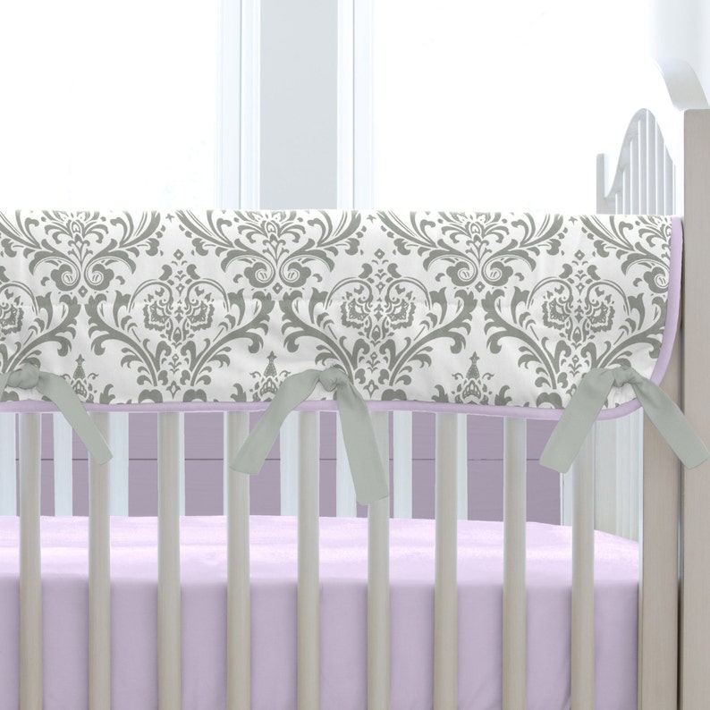Girl Baby Crib Bedding Lilac And Gray Traditions Damask Rail Cover By Carousel Designs