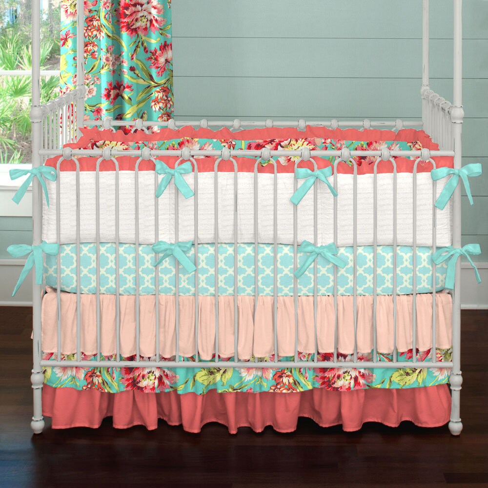 Girl Baby Crib Bedding Coral and Teal Floral 4Piece Crib Etsy