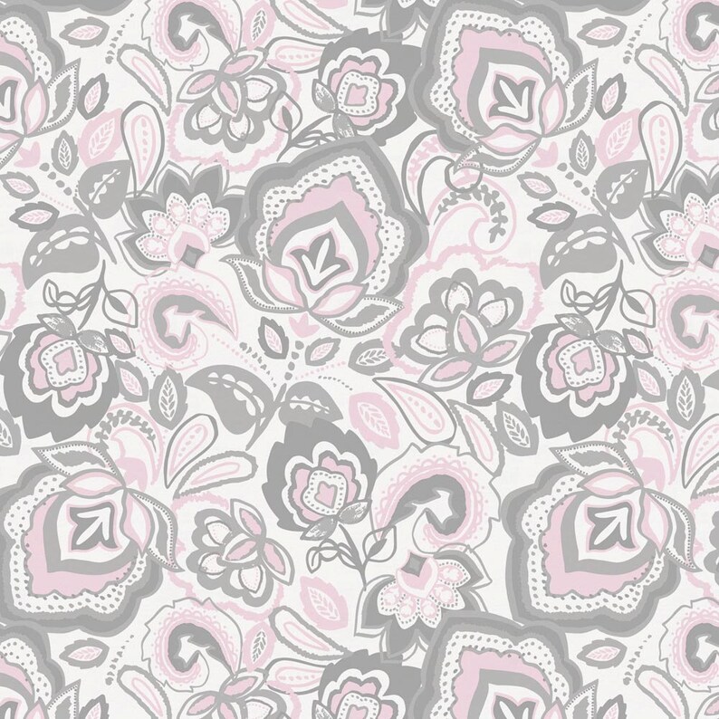 Pink and Gray Jacobean Organic Fabric By The Yard Girl / Etsy