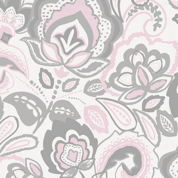 Pink and Gray Jacobean Organic Fabric By The Yard Girl / Etsy