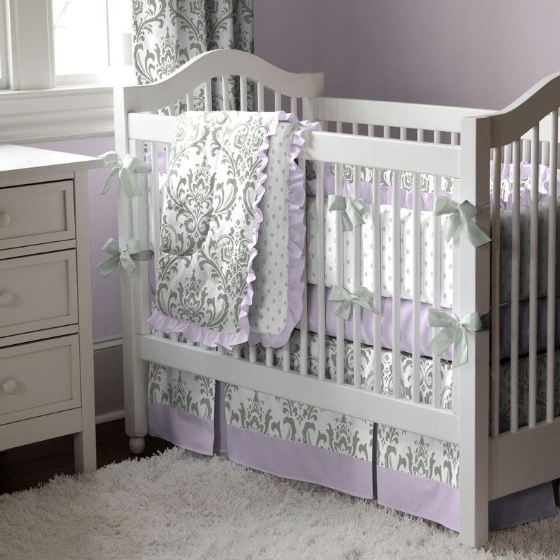 Girl Baby Crib Bedding Lilac And Gray Traditions Damask 3 Piece Set By Carousel Designs