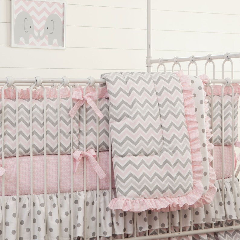 Girl Baby Crib Bedding Pink and Gray Chevron 4Piece Crib Etsy