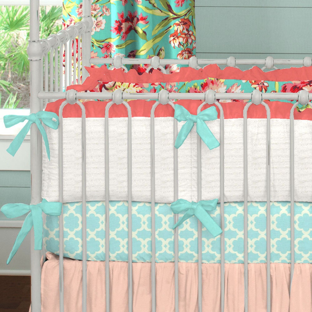 Girl Baby Crib Bedding Coral and Teal Floral 4Piece Crib Etsy