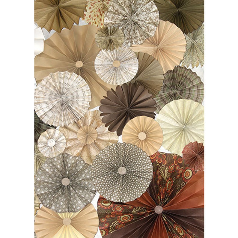 Tan Cream Ivory Brown Rosettes Paper Fans Wedding Pinwheel Backdrop Decor Paper Rosettes Party Decorations Woodland party fall wedding