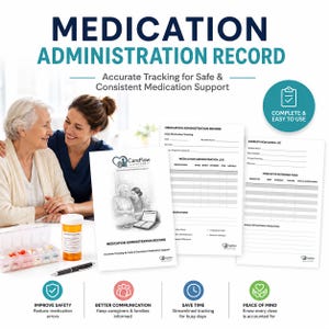 May include: A medication administration record with the text "MEDICATION ADMINISTRATION RECORD" and "Accurate Tracking for Safe & Consistent Medication Support." The image includes a pill organizer, medication bottles, and a pen. Two women are smiling at each other.