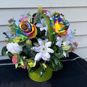 Rainbow Roses, Rainbow Floral Bouquet metal basket, Colorful Roses, White Roses, multicolored flowers, Party, home,  Centerpiece, Pride