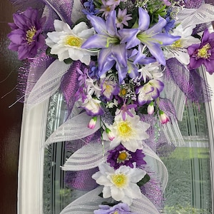 Easter Cross Wreath: Purple White Mesh, Lilies, Faux Flowers