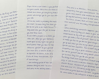 May include: Three handwritten pages with blue ink, filled with cursive text. The pages appear to be from a journal or a collection of personal thoughts. The text is dense and covers the entire surface of each page.