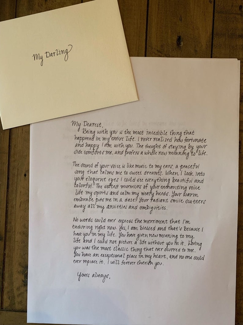 May include: A handwritten love letter and a matching envelope. The envelope reads "My Darling" in elegant script. The letter is filled with heartfelt sentiments, expressing deep affection and appreciation.