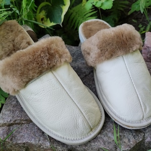 Women Sheepskin slippers LAMB fur slippers Warm slippers leather shoes pure sheepskin Ivory leather slippers Warm home shoes Size 10.5 eu41