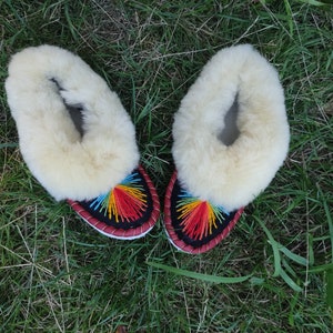 Women sheepskin slippers Light fur slippers Ukrainian national product Warm women shoes Rainbow Embroidered moccasins Size US8-8.5 eu 39