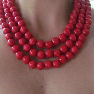 RED Triple  Wooden Beads Three red strands necklace Red Wooden necklace Easy design Bright accessory Ukrainian style Gift from Ukraine