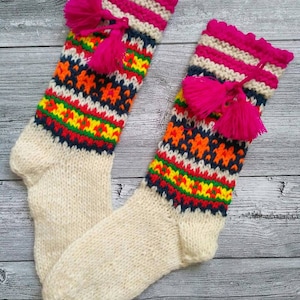 Wool knit socks Bright Winter foot warmer Multi color knit socks with tassels Ukrainian warm socks Woolen socks from Ukraine