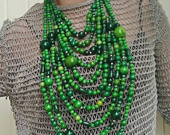 GREEN Wooden bead necklace with golden beads Chic necklace Ukrainian Ethno style Gorgeous decoration for boho Gift from Ukraine