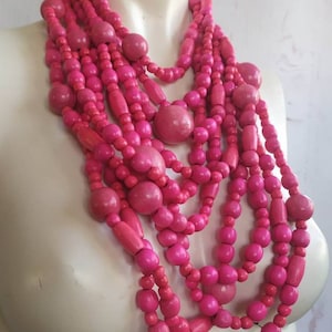 Power pink Wooden bead necklace Multi strand beaded necklace Bib necklace Gorgeous jewelry Boho style Ukrainian necklace Gift from Ukraine