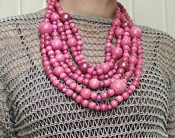 PINK Wooden bead necklace Rose Bib necklace Boho beaded necklace Ukrainian Ethno style Multistrand necklace for boho style Gift from Ukraine