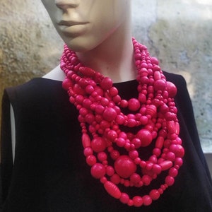 Gorgeous Wooden bead necklace Power pink Bib necklace Boho beaded necklace Ukrainian Boho Gift from Ukraine