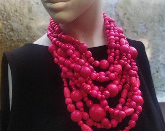 Gorgeous Wooden bead necklace Power pink Bib necklace Boho beaded necklace Ukrainian Boho Gift from Ukraine