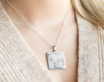 Personalized Necklace with Photo - Handmade Square Pendant with Picture - High Quality Mother's Day Jewelry gift for her - Silver