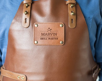 Tablier de barbecue en cuir marron - Personnalisé avec votre propre nom - Cuir de buffle de haute qualité - Gravé