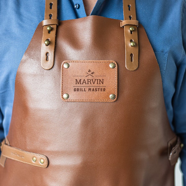 Leather BBQ Apron Brown - Personalised with your own Name - High Quality Buffalo Leather - Engraved - Barbecue & Grill Accessories