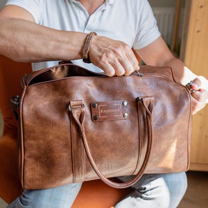 Sac de voyage en cuir personnalisé avec nom - Sac week-end en cuir PU - Sac de sport personnalisé - Cadeau pour lui - 25 L - Gravure de haute qualité