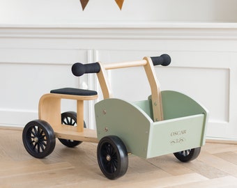 Vélo cargo en bois avec gravure - Vélo cargo en bois personnalisé pour enfants - Bois sûr et sans éclats