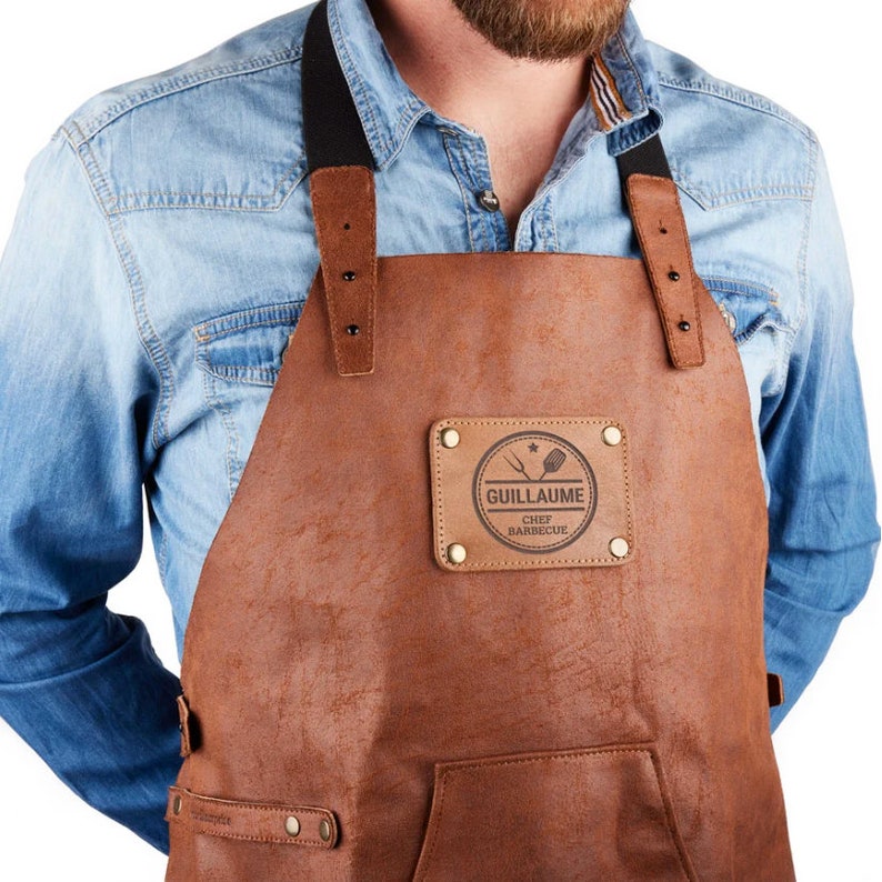 Recycled Personalized Leather Apron Brown Apron with name Sustainable Kitchen gifts Grill Accessory zdjęcie 2