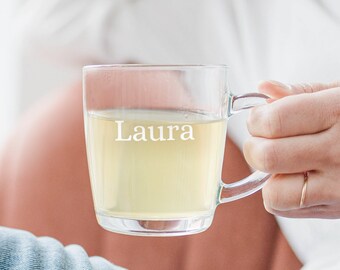 Taza de cristal de té grabada personalizada: taza de cristal personalizada grabada con el nombre o texto de su elección, grabado láser, apta para lavavajillas