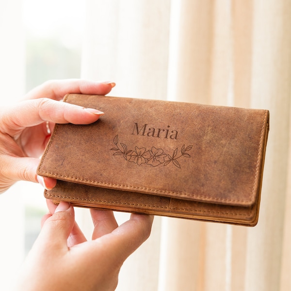 YourSurprise Portefeuille en cuir personnalisé avec nom ou texte – Portefeuille marron pour femme