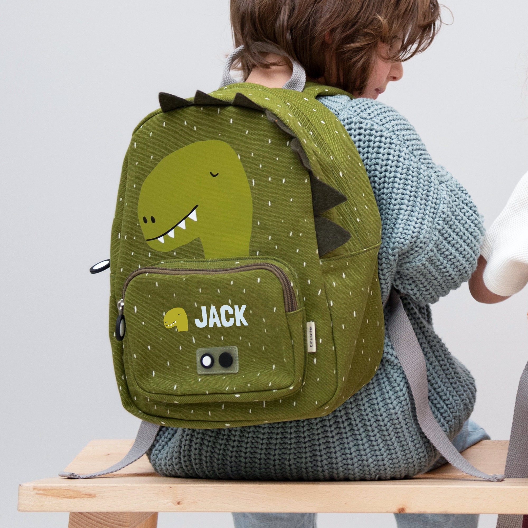Personalized Dino Children Backpack - Green Bag with Name - Zip - Dinosaurs Backpack with Full Color Text