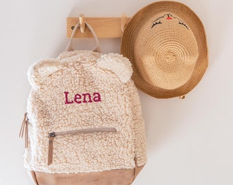 Sac à dos Teddy personnalisé - Sac beige avec nom brodé - Zip - Sac à dos pour enfants avec texte en couleur - Sac pour enfants YourSurprise