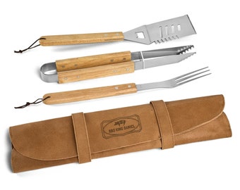 Ensemble barbecue personnalisé dans une housse en cuir - Accessoires gravés pour barbecue et grill - Outils de barbecue en bois dans une manche en cuir