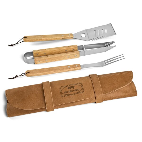 Personalized BBQ set in leather cover - Engraved Barbecue & Grill accessories - Wooden BBQ tools in leather sleeve