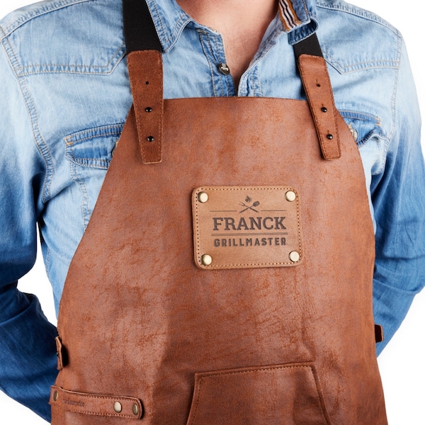 Recycled Personalized Leather Apron - Brown - Apron with name - Sustainable Kitchen gifts - Grill Accessory