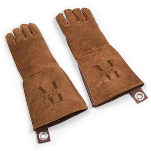 Personalized Leather BBQ Gloves Set of 2 Custom Name Laser Engraving Suede with Buffalo Leather Insert & Flannel Lining image 2